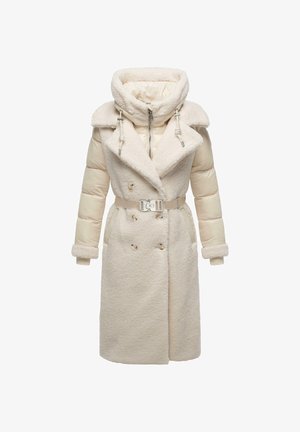 Cream-colored coat with a textured, fuzzy upper and smooth puffer sleeves. Features a belted waist, large collar, and zippered front.