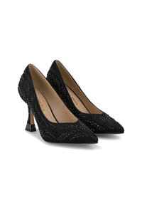 Schwarze Wildleder-Highheels mit kunstvollen Perlenmustern, spitzen Zehen und einem auffälligen geometrischen Absatzdesign.