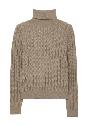 Beige gerippter Rollkragenpullover mit einem strukturierten Muster, ausgestattet mit langen Ärmeln und einer taillierten Silhouette. Weiches Strickmaterial.