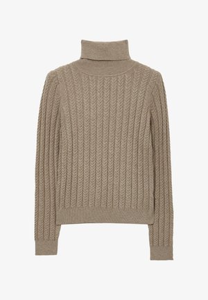 Maglione a collo alto beige con motivo in rilievo, caratterizzato da maniche lunghe e silhouette aderente. Realizzato in morbido materiale a maglia.