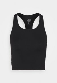 Černý hladký crop top s racerback střihem a kulatým výstřihom, vyrobený z ribového materiálu, s viditelnou velikostní etiketou uvnitř límce.