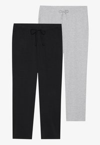Deux paires de pantalons de détente ; l'une noire et l'autre grise. Les deux sont fabriqués en tissu doux avec une taille élastique et un détail de cordon de serrage.