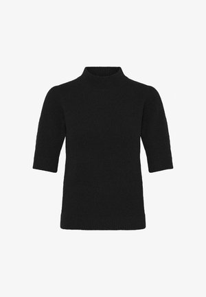 Pull en maille noir à manches courtes et col montant, avec une finition texturée, présentant une silhouette ajustée et un ourlet côté.