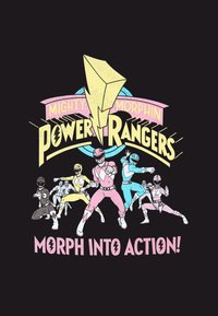 Schwarzes Grafik-T-Shirt mit dem Text "Mighty Morphin Power Rangers" in Gelb und Pink, mit sechs farbenfroh gekleideten Rangers in dynamischen Posen.