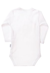 Long-sleeve white bodysuit made of soft cotton. Features a round neckline, snap closures at the bottom, and a tag on the side.