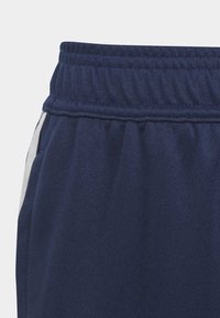 Marineblaue Hose mit elastischem Bund aus strukturiertem Stoff, mit weißen vertikalen Streifen an der Seite.