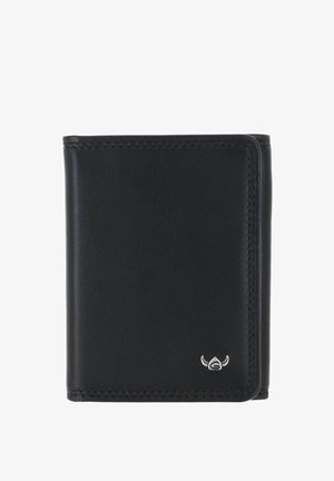 Portefeuille en cuir noir à deux volets avec un petit logo argenté ailé dans le coin inférieur droit, coutures visibles autour des bords.