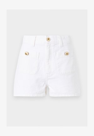 Λευκά σορτς με ψηλή μέση και δύο μπροστινές τσέπες, η καθεμία ασφαλισμένη με χρυσό κουμπί, και χρυσό κουμπί στη μέση.