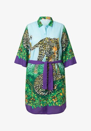 Koszula z krótłym rękawem z niebieskim wzorem w panterkę, zielonymi liśćmi i fioletowym paskiem. Wykonana z lekkiego materiału.