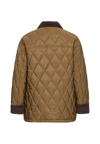 Veste matelassée marron avec motif de couture en losanges, col et poignets en velours côtelé marron foncé, vue de dos.