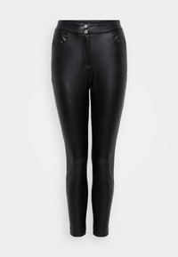 Leggings em imitação de pele preta, com cintura alta, dois bolsos frontais e uma textura suave e brilhante. Apresenta dois fechos de botão na cintura.