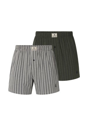 Two pairs of striped cotton boxer shorts, one gray with black stripes and one dark green with black stripes, both with elastic waistbands.