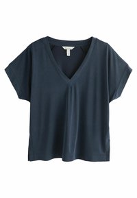 T-shirt bleu marine à manches courtes et décolleté en V ; tissu doux avec une coupe décontractée ; fentes sur les côtés à l'ourlet pour plus de confort ; texture lisse.