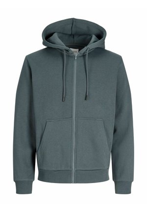 Grijze zip-up hoodie met trekkoordkap, twee voorzakken, geribbelde boorden en een zachte, gestructureerde stof. Minimalistisch design.