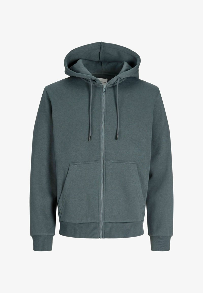 Sweat à capuche gris avec fermeture éclair, capuche à cordon, deux poches frontales, poignets côtelés, et tissu doux et texturé. Design minimaliste.