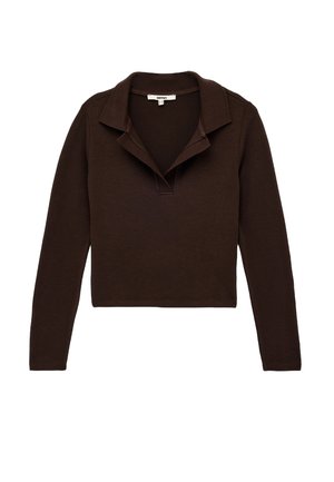 Brauner Langarmpullover mit einem Polokragen, der ein kurzes Design und eine glatte Textur aufweist. Schlichte Nähte und keine weiteren Akzente.
