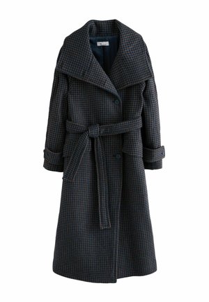 Dunkelblauer und brauner Hahnentritt-Muster langer Mantel mit einem breiten Kragen, tailliertem Gürtel und großen Knöpfen. Verfügt über seitliche Taschen und hochgerollte Ärmel.