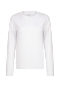 Witte langemouwen t-shirt van zacht katoen. Heeft een ronde halslijn met een gladde textuur en een subtiel merklabel binnenin de kraag.