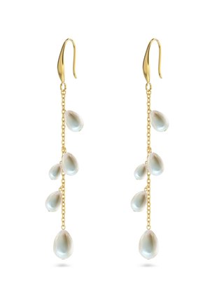 Boucles d’oreilles longues avec chaîne en or et six perles blanches en forme de goutte suspendues à différents endroits sur chaque boucle.