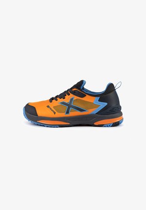 Trail running shoe in vibrant orange with black accents, featuring mesh panels, a reinforced toe, and blue details on the sole and logo.