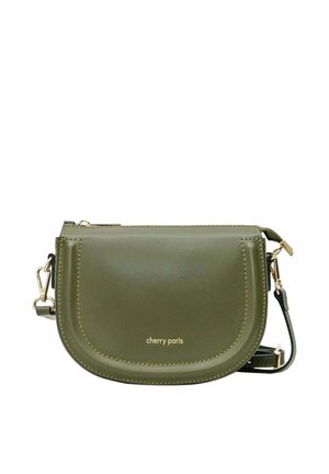 Sac bandoulière en cuir vert olive avec ferrures dorées, fermeture éclair, bandoulière amovible et logo « cherry paris » sur le devant.