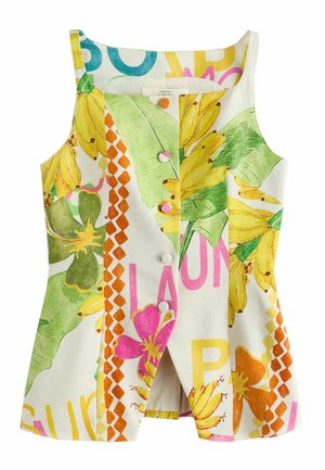Vesta bez rukávov s farebnou tropickou kvetinovou potlačou, gombíky vpredu a zmesou žltých, ružových, zelených a oranžových vzorov.