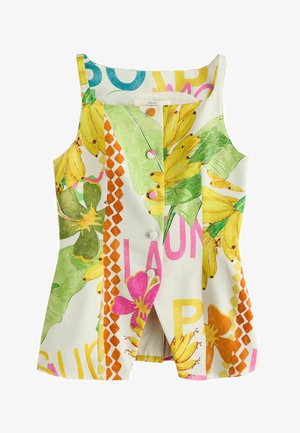 Ärmellose Weste mit farbenfrohem tropischem Blumenmuster, Knöpfen vorne und einer Mischung aus gelben, pinken, grünen und orangen Mustern.