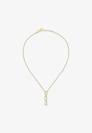 Collana in oro con tre charm rettangolari trasparenti, design delicato e texture sottile sulla catena. Chiusura a gancio inclusa.