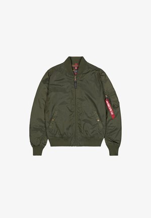 Kerge oliivroheline bomber-jakk läikivast nailonist, millel on eesnepp, soonikkoes mansetid, küljetaskud ja punane riputussilt varrukal.