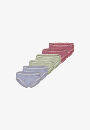 Briefs sæt i fem farver: lyseblå, grøn og pink, med dekorativ syning og et geometrisk mønster. Blødt bomuldsstof.
