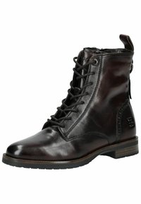 Stivale ankle in pelle nera lucida con lacci, zip laterale, tacco basso e tachina sul retro, mostrato su uno sfondo bianco.