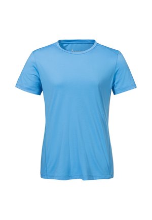 Light blue short-sleeve crew neck athletic T-shirt with subtle horizontal texture and fitted cut on a plain white background.