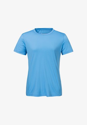 Light blue short-sleeve crew neck athletic T-shirt with subtle horizontal texture and fitted cut on a plain white background.