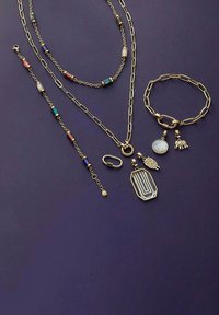 Smykkesæt i guldfarve bestående af diverse kæder, et armbånd og vedhæng med farverige perler samt charms af dyr og geometriske former.