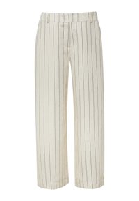 Light beige wide-leg trousers with vertical navy stripes, textured fabric, tailored waistline, and front pockets. Casual and versatile design.