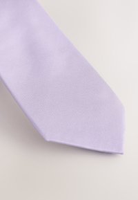 Light purple tie with a textured weave, featuring a narrow, pointed tip. Simple design with no visible patterns or embellishments.