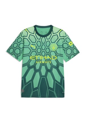 Grøn Manchester City fodboldtrøje med sekskantet mønster, gule Puma- og Etihad Airways-logoer og klublogo på brystet.