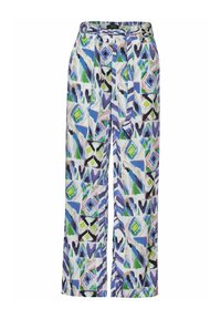 Pantaloni a gamba ampia con un motivo geometrico multicolore che presenta tonalità di blu, verde e nero. Il materiale ha una texture liscia e include una cintura con fiocco.