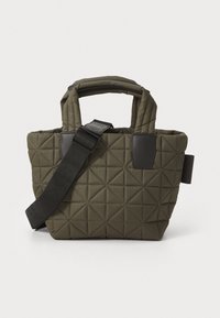 Quilted olive green tote bag with a textured diamond pattern, dual top handles, and a detachable black shoulder strap.
