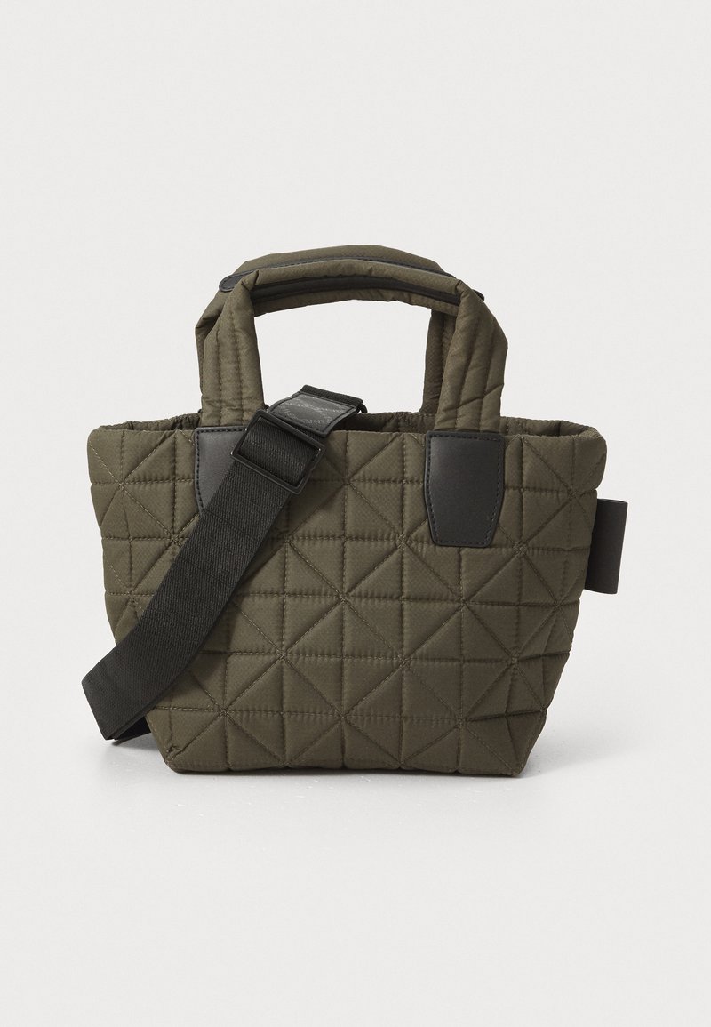 Quilted olive green tote bag with a textured diamond pattern, dual top handles, and a detachable black shoulder strap.