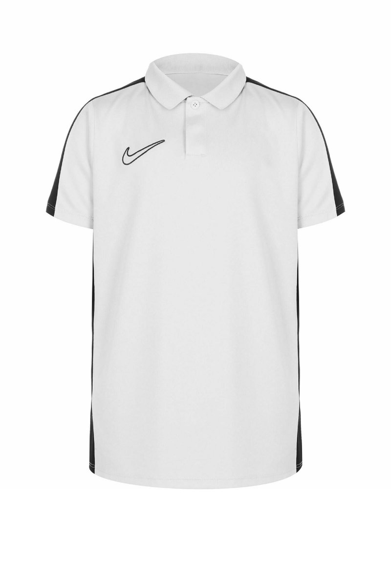 Weißes Polo-Shirt mit schwarzen Seitenakzenten, Kragen mit zwei Knöpfen und Nike-Logo auf der Brust, aus einem glatten, leichten Stoff gefertigt.