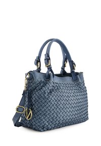 Blauwe leren handtas met geweven textuur, dubbele bovenhandvatten, afneembare schouderriem, goudkleurige hardware en logo-accent.