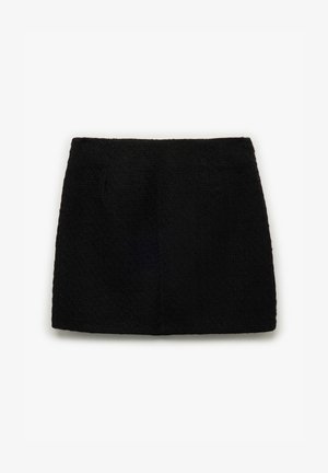 Schwarzer Minirock aus strukturiertem Stoff, mit geradem Schnitt, subtilen Mustern und zwei vorderen Taschen.