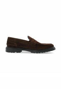 Mocasines de ante marrón con un diseño de mocasín, que cuentan con una suela de goma y un sutil detallado en las costuras. De corte bajo y sin cordones, acentuando un estilo casual.
