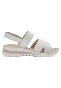 White leather open-toe sandal with two wide straps, cushioned beige footbed, and white textured sole with slight heel.