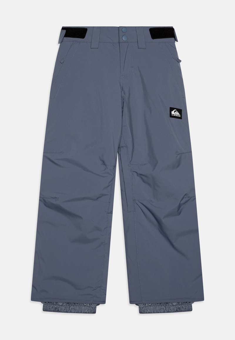 Grå vattentäta snöbyxor med avslappnad passform, elastiska muddar, bältesöglor och en logotyppatch på det vänstra framsidan fickan.