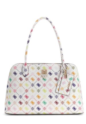 Witte handtas met kleurrijke herhaalde geometrische en bloemmotieven, twee handvatten, goudkleurig Guess-logo-slot en een aangehecht logolabel.