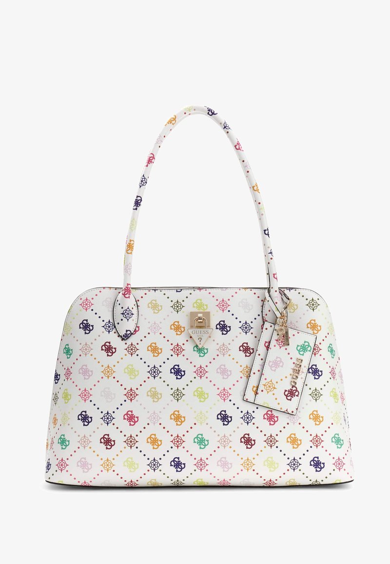 Sac à main blanc avec motifs géométriques et floraux colorés répétés, deux poignées, verrou à logo Guess en ton or, et étiquette de logo attachée.