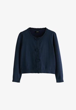 Marineblauer Langarmcardigan mit geschwungenem rundem Ausschnitt und drei kleinen Schleifen vorne.