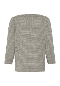 Texturovaný šedý top se čtvercovým výstřihem a tříčtvrtečními rukávy, s mřížkovým vzorem v světlejších tónech. Vyrobený z měkké látky.